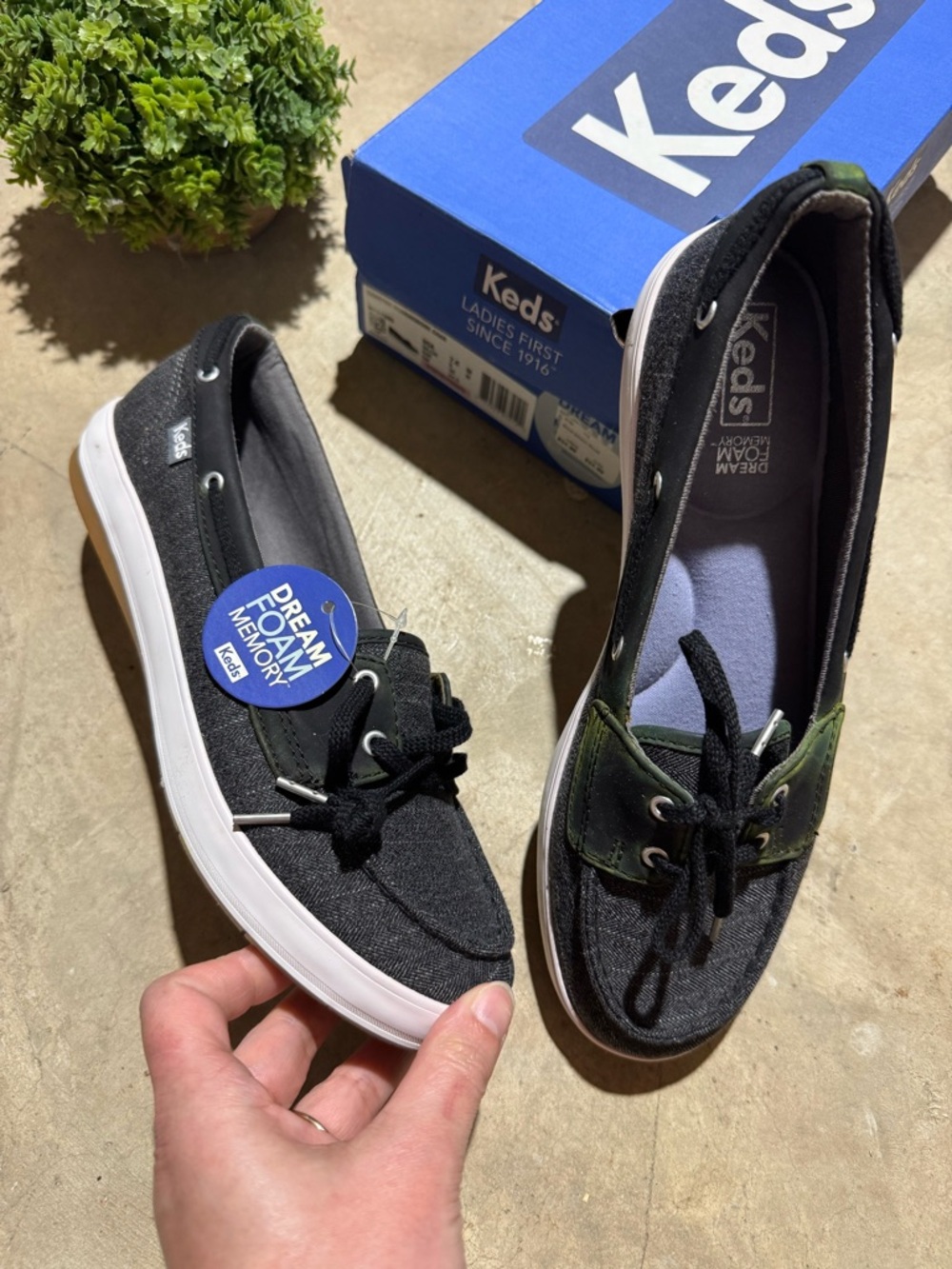 Keds NWT Charter Herringbone Boat Shoes Green Charcoal Gray Women Size 7.5